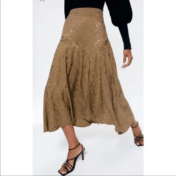 Zara | Jacquard Midi Skirt Oil Green Size XS NWT - Picture 6 of 7